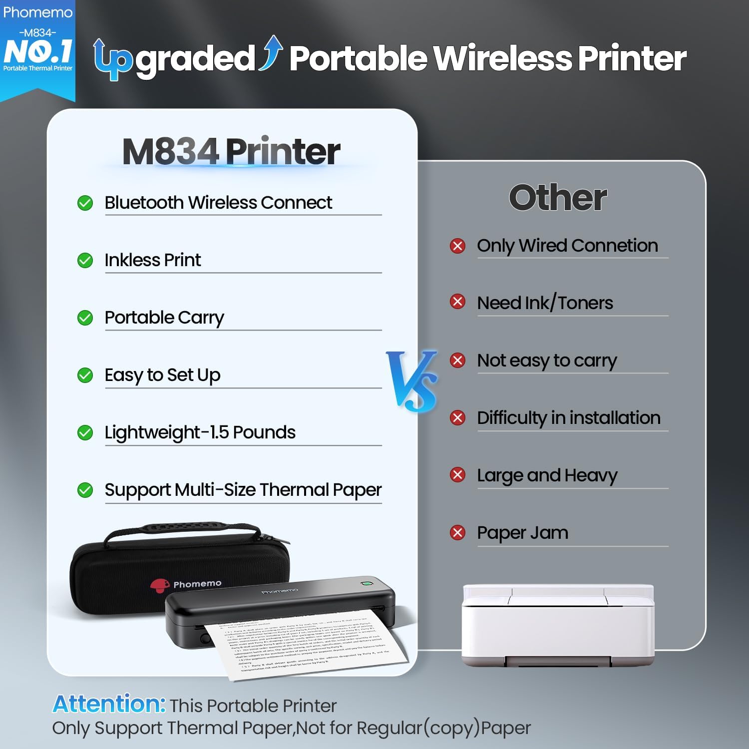 Phomemo Portable Printers Wireless for Travel Upgraded, M834 Bluetooth Thermal Printer 8.5" x 11"& A4 Size,Inkless Mobile Printer with Carry Case for Travel,Office,School,Car,Home,Black