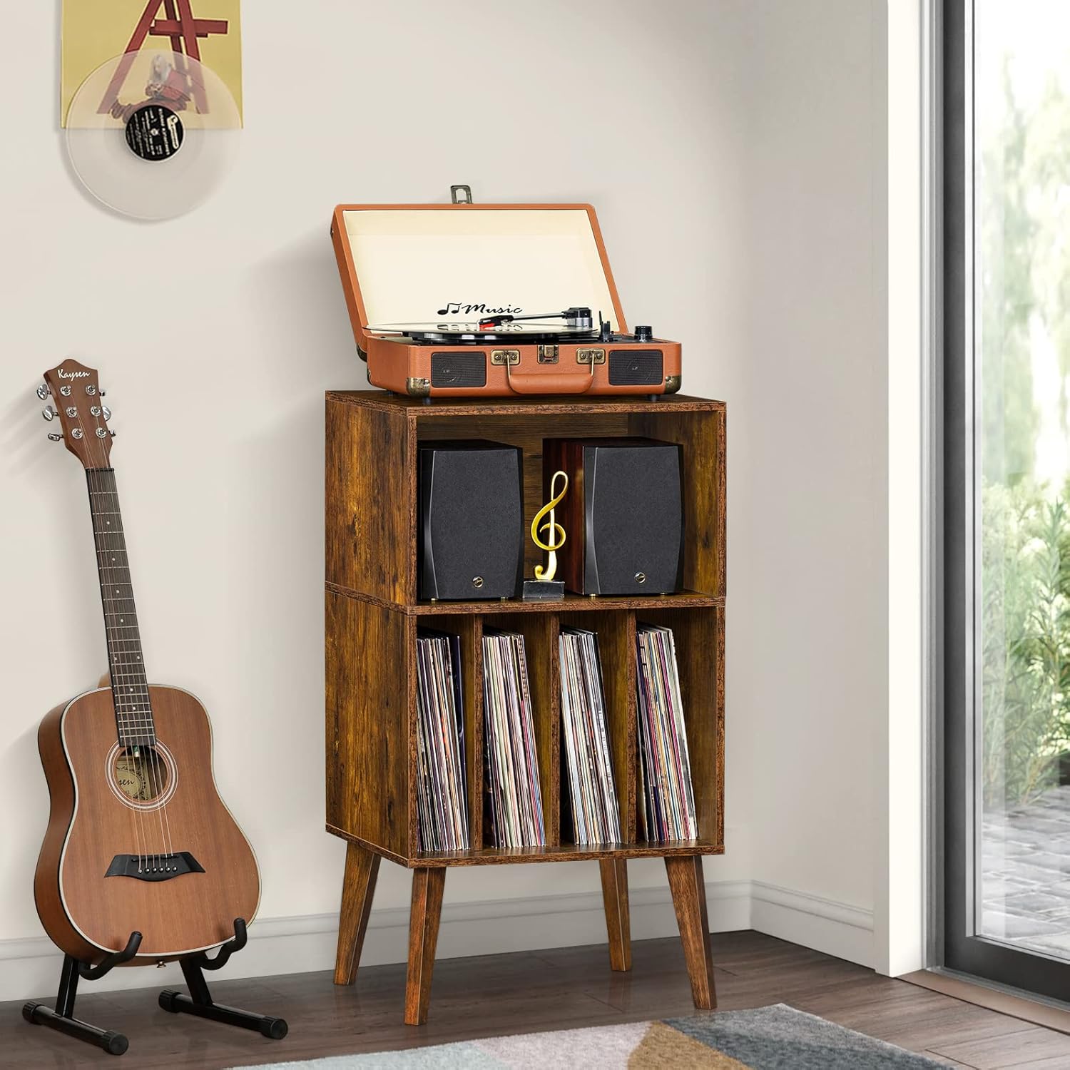 Lerliuo Record Player Stand, Brown Turntable Stand Holds up to 160 Albums, Mid-Century Vinyl Storage Cabinet Table with Solid Wood Legs, Record Player Holder Dispaly Shelf for Bedroom Living Room