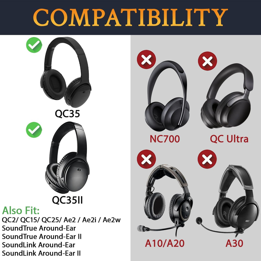SoloWIT Replacement Earpads Cushions for Bose QuietComfort 35 (QC35) & Quiet Comfort 35 II (QC35 ii) Headphones, Ear Pads with Softer Leather, Noise Isolation Foam, Added Thickness (Black)