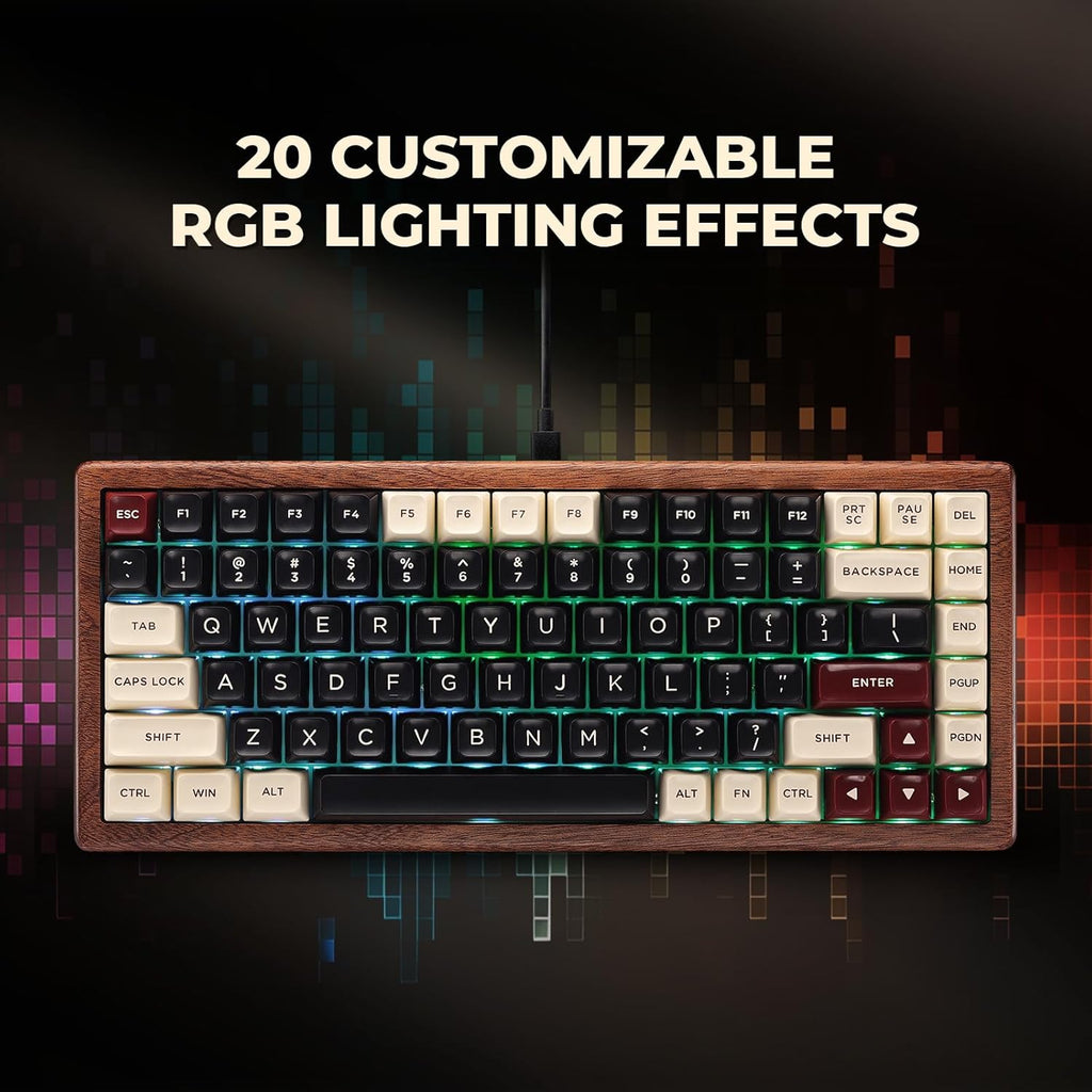 WK84 USB-C Wired Wooden Mechanical Keyboard, 75% Layout 84 Keys, RGB Backlit, Hot-Swappable Green Switches, QMK/VIA Programmable, for Gaming & Typing