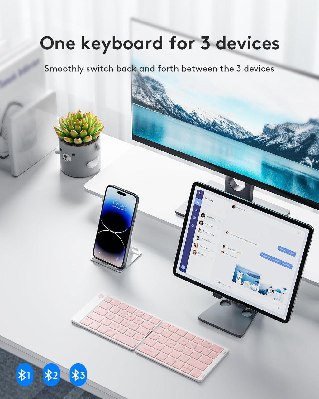 Samsers Bluetooth Foldable Keyboard - Wireless Portable Folding Keyboard, Full-Size Ultra-Slim Rechargeable Connect Up to 3 Devices for iOS, Android, Windows Phone, Tablet, Laptop - Pink