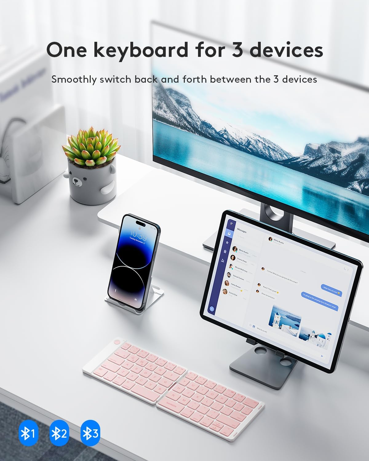 Samsers Bluetooth Foldable Keyboard - Wireless Portable Folding Keyboard, Full-Size Ultra-Slim Rechargeable Connect Up to 3 Devices for iOS, Android, Windows Phone, Tablet, Laptop - Pink