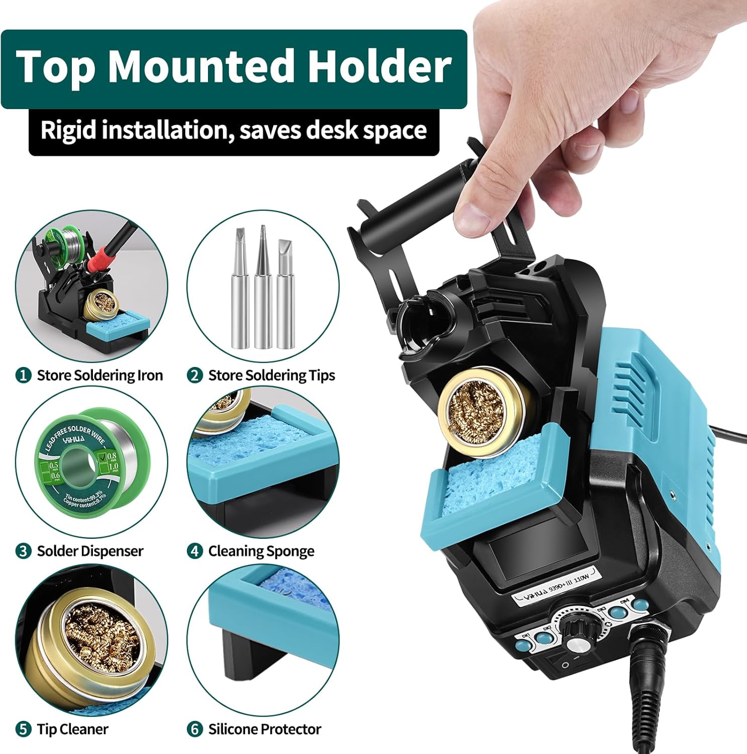 YIHUA 939D+ III EVO Digital Soldering Iron Station Kit 110W High Power with LCD display, 4 Memory Channels, Sleep Mode, Digital Calibration, Solder Wire, Helping Hands, Magnifier, 3 Soldering Tips