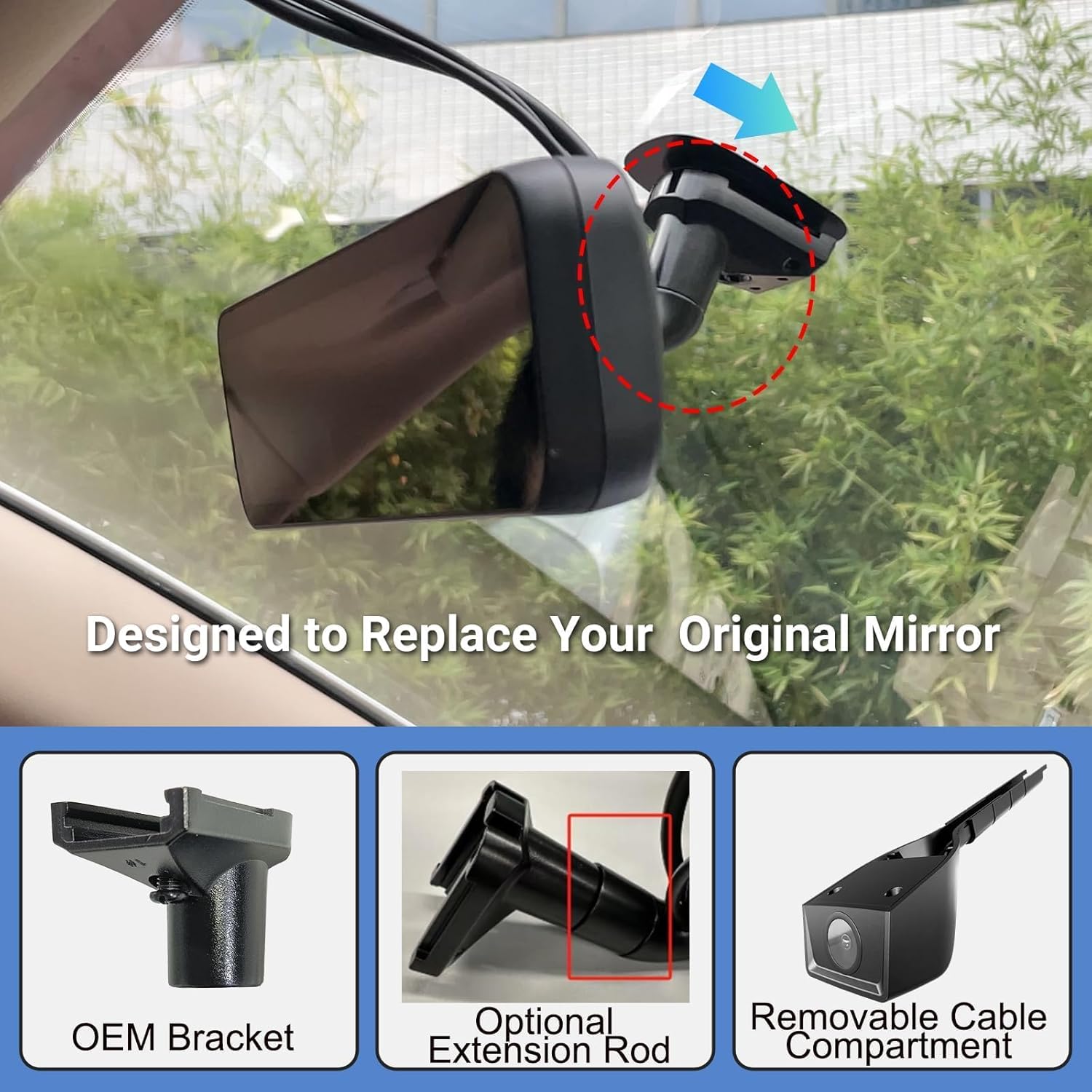 9.66″ OEM Rear View Mirror Camera, Dash Cam, Detached Front Lens, 2K, IPS Screen, Night Vision, Parking Monitor, 32GB SD, for Trucks, Vans, SUVs