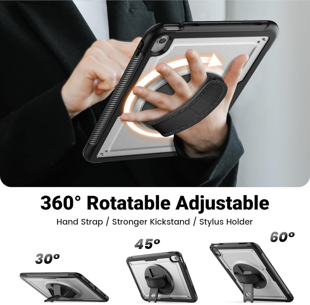SCSVPN Case for iPad (A16) 11th Generation 11 Inch 2025 / 10th Generation 10.9 Inch 2022, Shockproof Protective Case with Screen Protector, Pencil Holder, Rotating Stand, Hand/Shoulder Strap - Clear