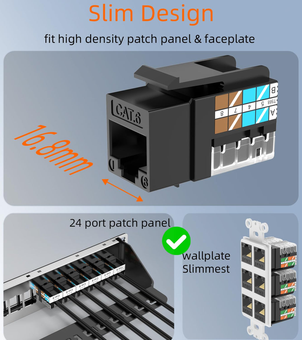 Rapink RJ45 Keystone Jack Cat6 10G Support, Cat6 Keystone Jacks UTP 50 Pack for Wall Plate and Patch Panel, Rj45 Keystone 90 Degree Black Color for Cat 6, Cat5e, Cat5 Cabling