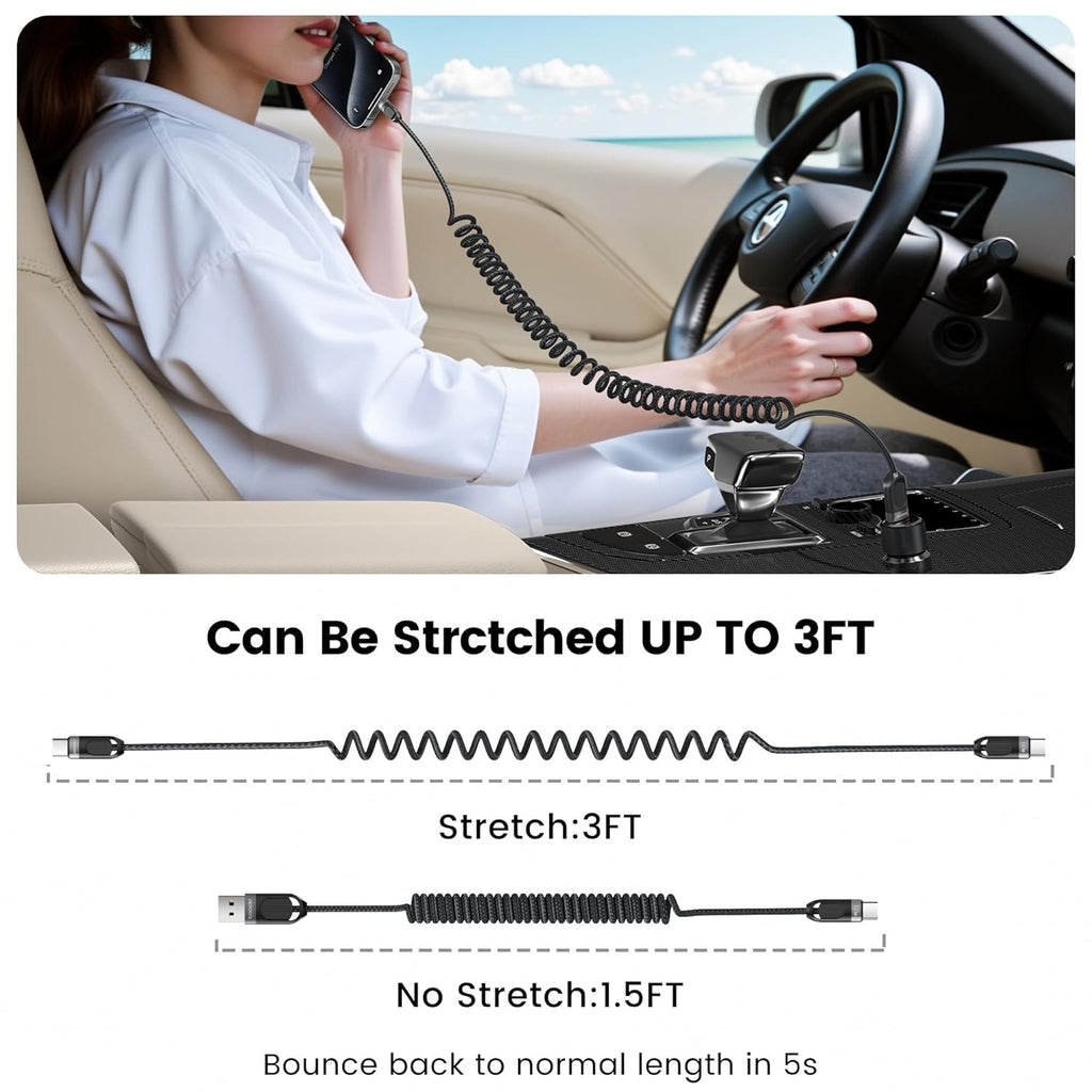 Coiled USB C to USB C Cable 2Pack 3FT Braided Retractable Fast Charging Cable for Car, Compatible with iPhone 16/15 Pro Max/Galaxy S24/S23/S22, Supports Car Play & Android Auto-Black