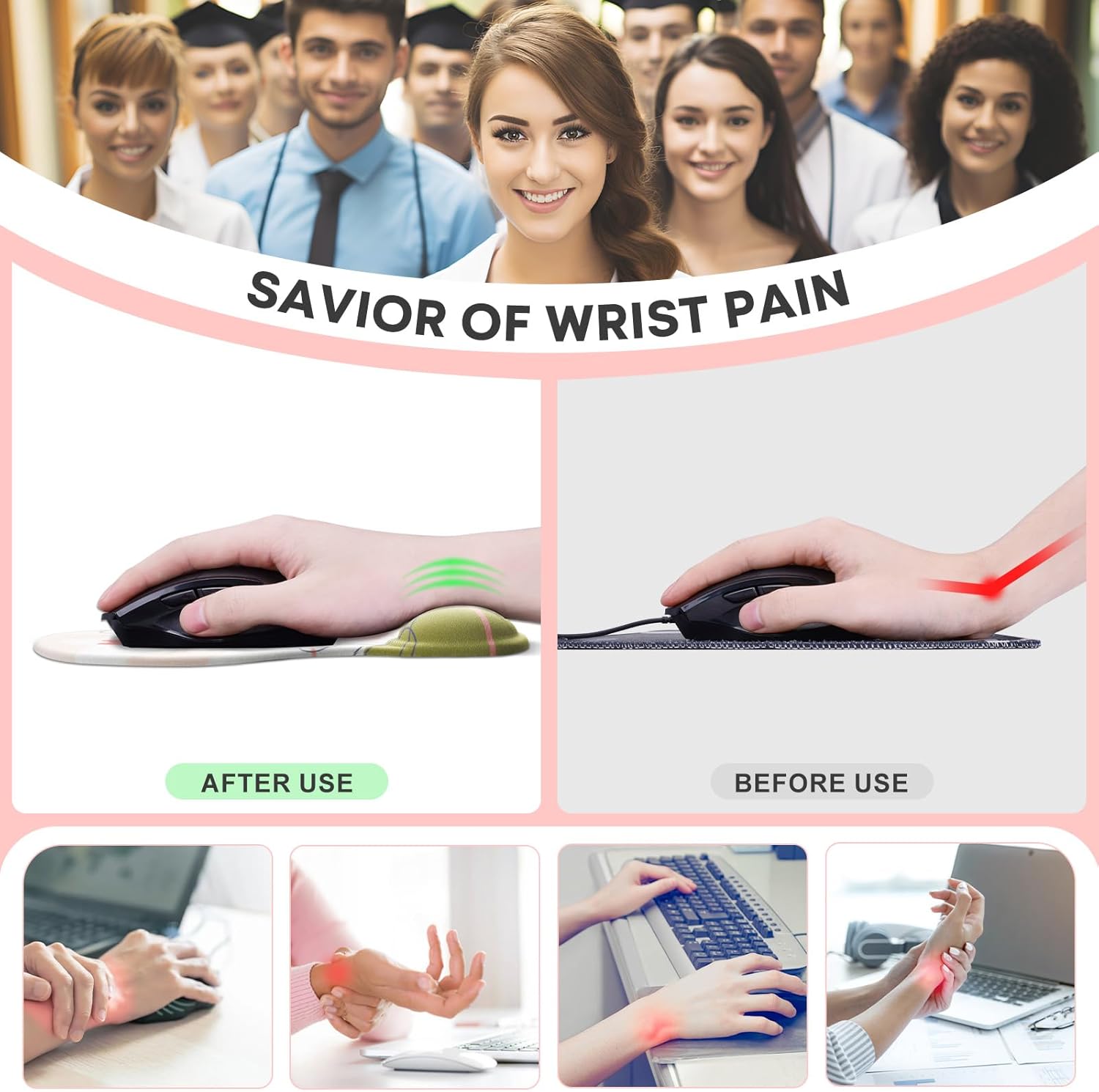 JIKIOU Mouse Pad, 2 Pack Ergonomic Mouse Pads with Comfortable Gel Wrist Rest Support and Smooth Cloth, Non-Slip PU Base for Easy Typing Pain Relief Durable and Easy to Clean Small Rose