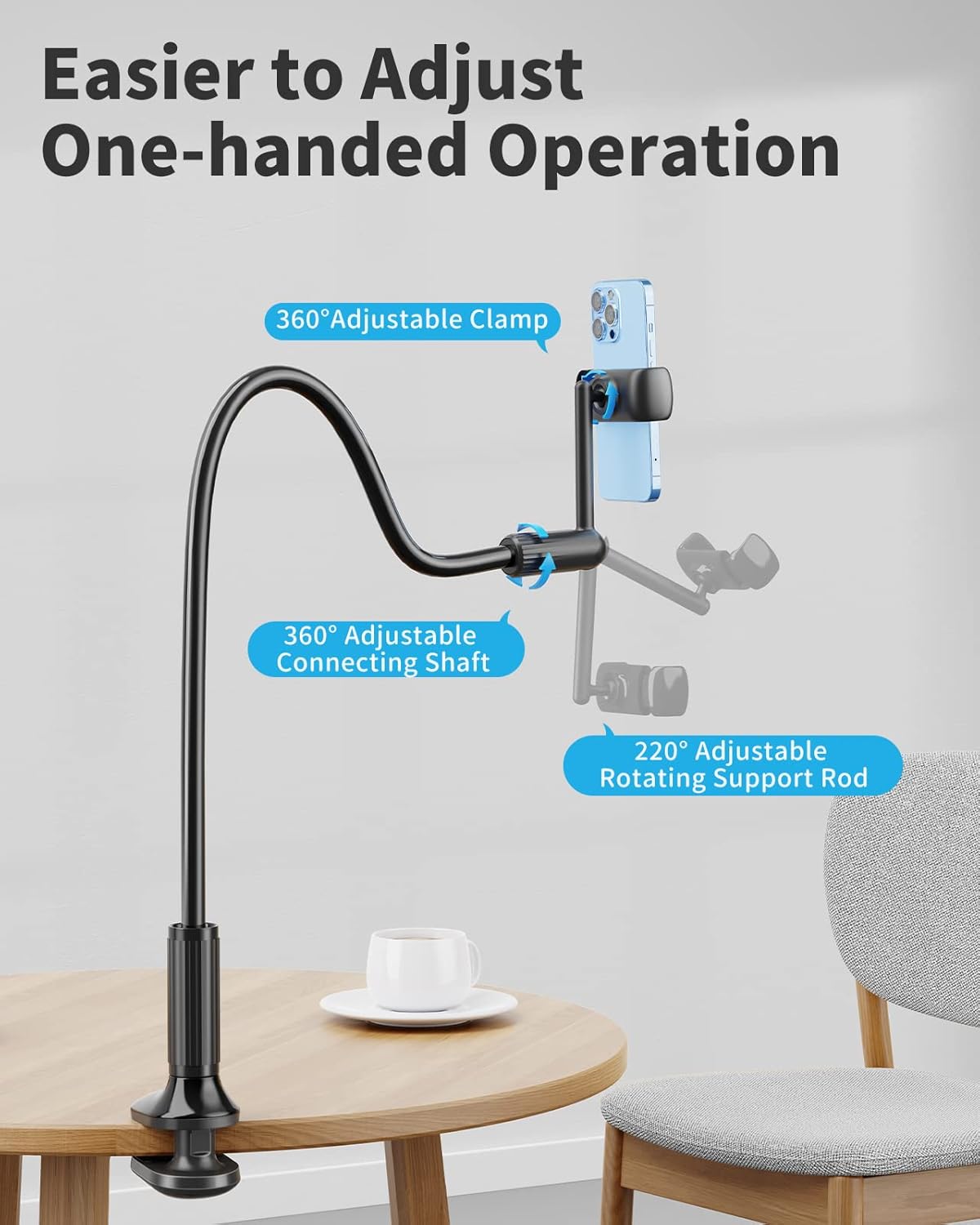 SAIJI Gooseneck Phone Holder for Bed, 360° Rotate Support Rod One-Hand Adjustable Cell Phone Stand, Compatible with All 4.7-7" Devices (Black)