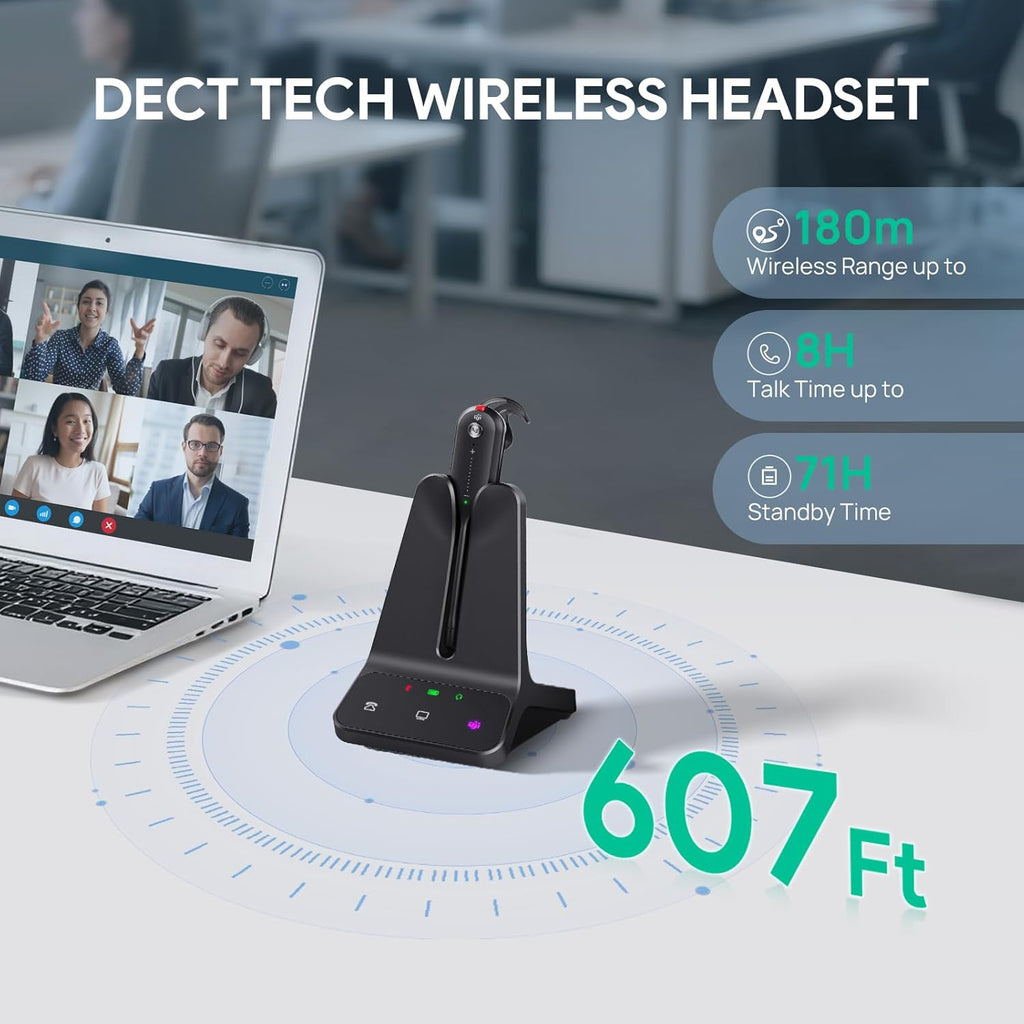Yealink Wireless DECT Headset WH63 E2,Teams Certified,Single Ear (Mono) Convertible Headset,Connects to Desk Phone&Computer,Noise Canceling Microphone,3 Wearing Styles