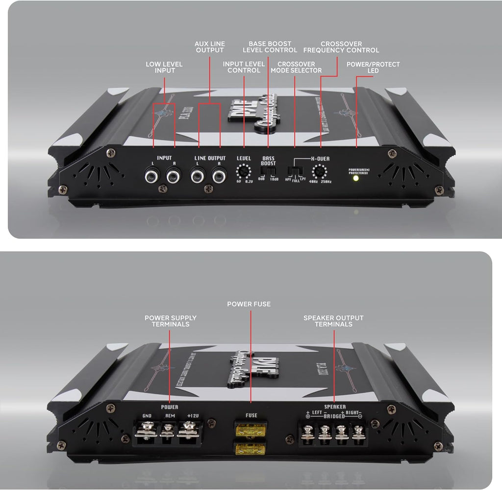 Pyle 2 Channel Car Stereo Amplifier- 1400W Dual Channel Bridgeable High Power MOSFET Audio Sound Auto Small Speaker Amp w/ Crossover, Bass Boost Control, Gold Plated RCA Input Output, Black - PLA2200