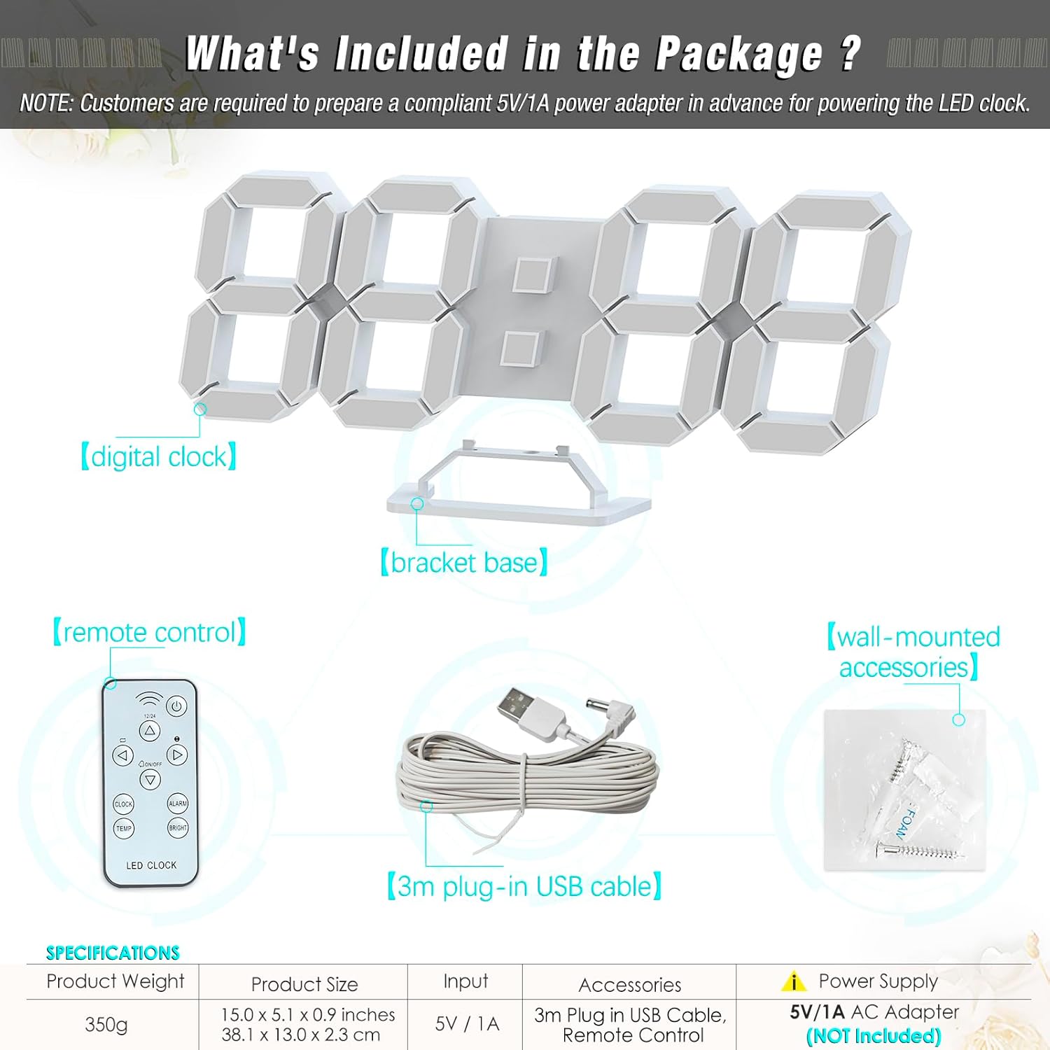 KOSUMOSU Wall Clock 15" 3D LED Digital Clock for Bedroom,Large Digital Wall Clock for Living Room Decor,Modern Aesthetic Led Clock with Remote Control