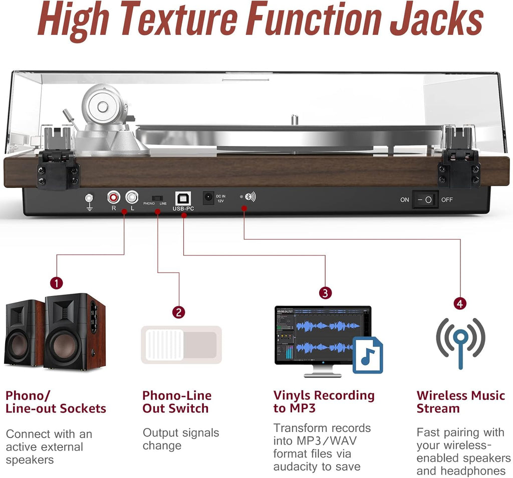 Turntable Record Player Wireless Output Vinyl Players Aluminium Platter and Tonearm Belt-Drive LP Turntables 33 45 RPM Phono Audio AT-3600L MM Cartridge RCA Line USB Digital to PC Recording Dark Brown