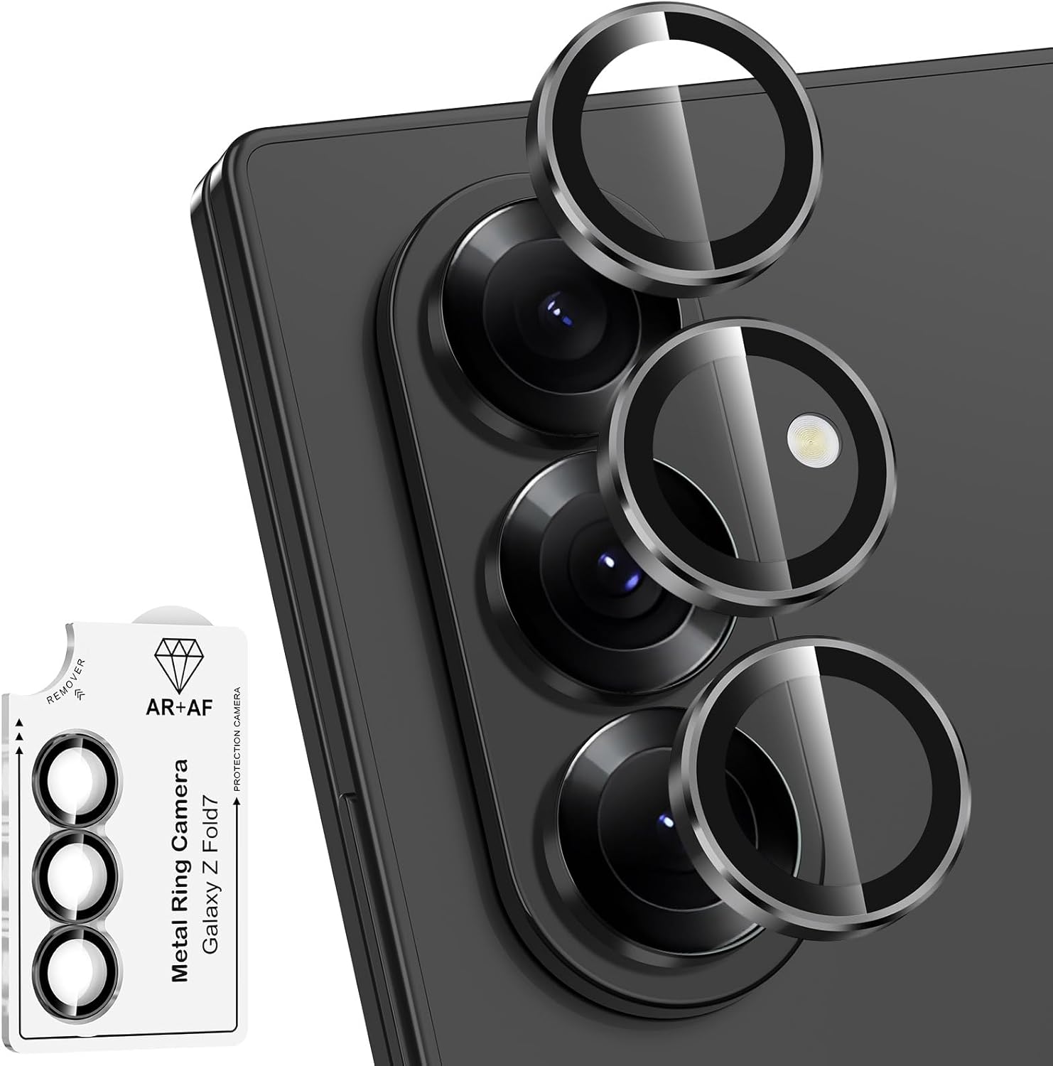 for Samsung Galaxy Z Fold 7 Camera Lens Protector, Individual Metal Ring Tempered Glass Lens Cover, [Strong Adsorption] Scratch Resistant Ultra-Thin HD Clear Lens Cover, 1 Set-Black Ring