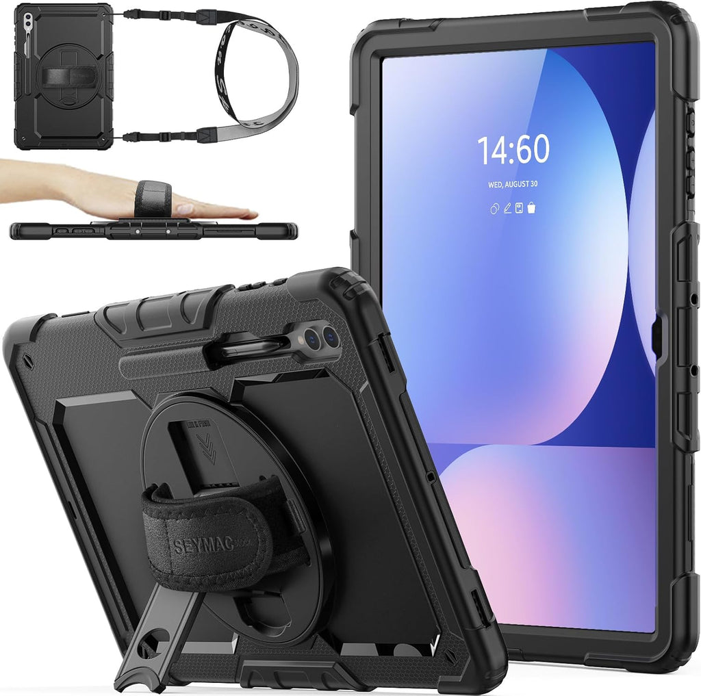 SEYMAC stock Case for Samsung Galaxy Tab S10 Ultra / S9 Ultra Tablet Case 14.6'' with Screen Protector, Pencil Holder, 360 Rotate Stand, Hand Strap, Shoulder Strap, Black1