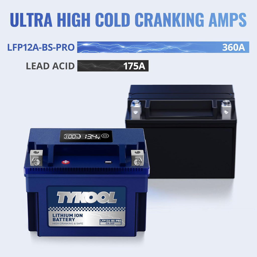 TYKOOL YT12A-BS 360CCA,3X Cranking Amps,5X Life,High Performance LiFePO4 Lithium Motorcycle Battery,Fits for 1000cc Aprillia and Suzuki,Husqvarna 701 Vitpilen,KTM Adventure and Duke,People GT Scooter
