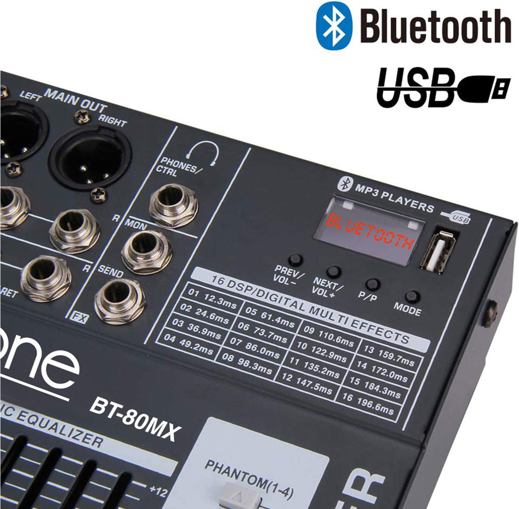 Boytone Dj Mixers 8 Channel Audio Mixer Sound Board with Bluetooth, USB MP3 Port Player with 48V Phantom Power Sounds Mixer with 16 Bit FX Effect, BT-80MX