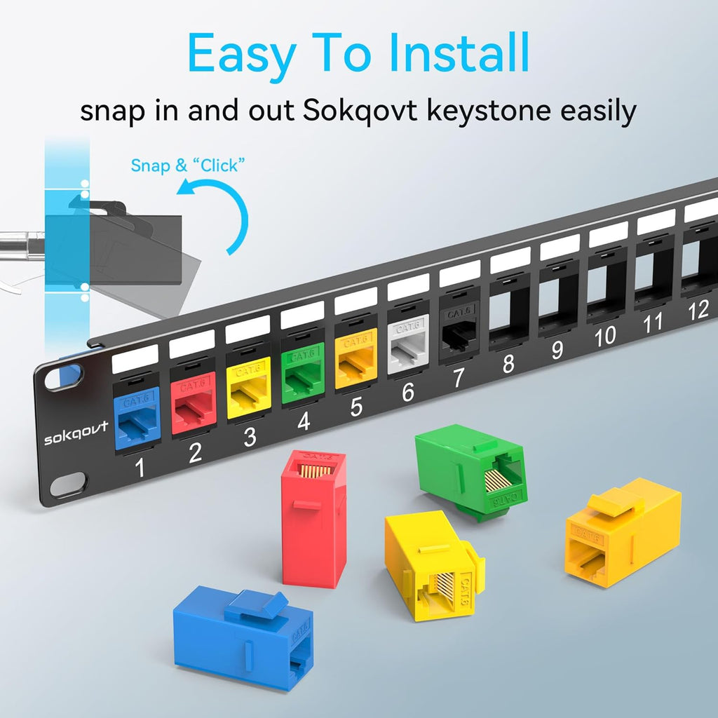24 Port Blank Keystone Patch Panel with Snap-in Design (2 Pack), Cat6 Network Patch Panel 1U 19 inch, Rack Mount Ethernet Patch Panel (for Slim Keystone Only)