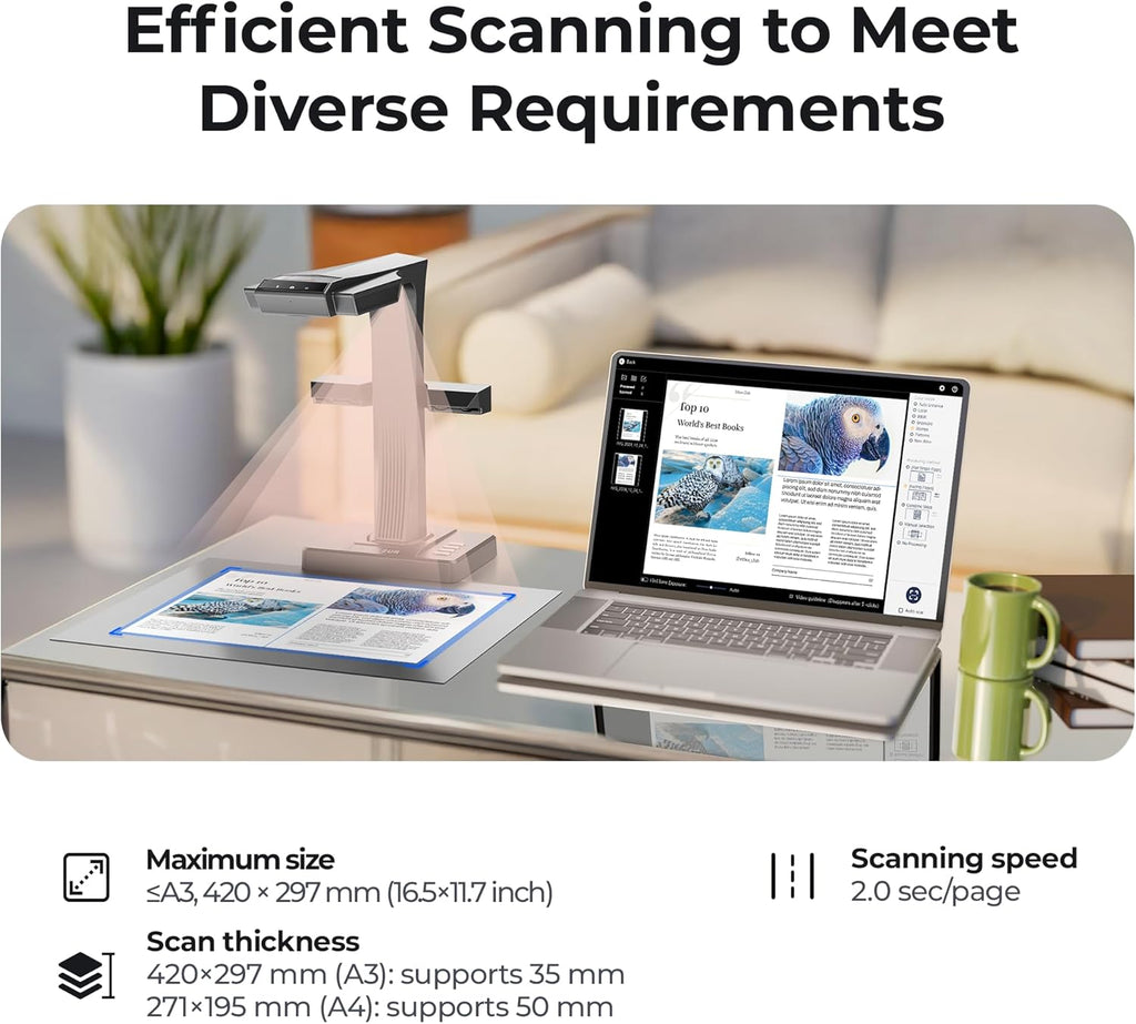 CZUR ET16 Plus Advanced Book & Document Scanner, 2nd Gen Auto-Flatten&Deskew Tech, 16MP Camera, Capture A3, 186 Languages OCR, Convert to PDF/Searchable PDF/Word/Tiff/Excel, Run On Windows&MacOS