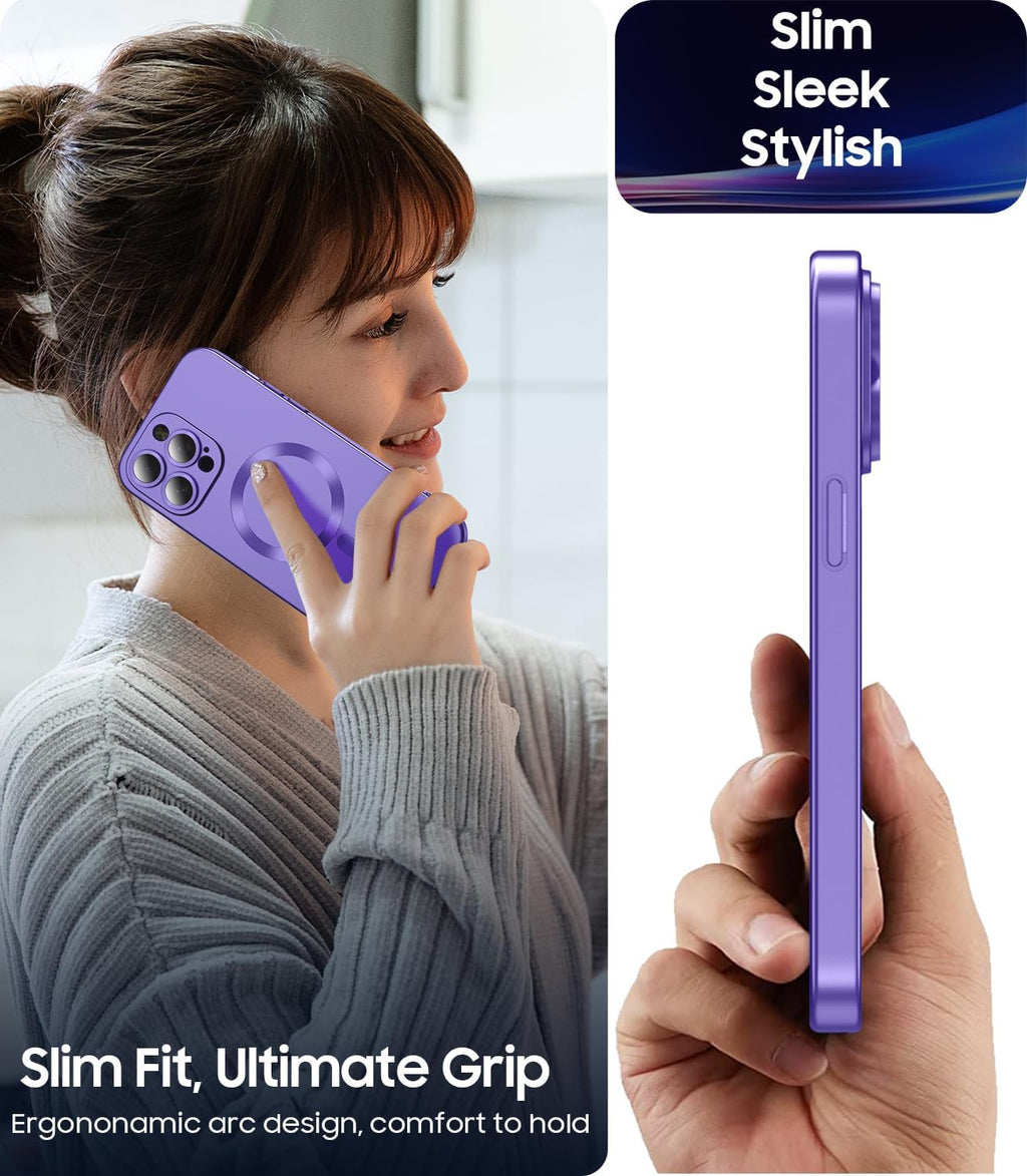 Magnetic for iPhone 15 Pro Max Case [Compatible with MagSafe][Built-in Camera Lens Protector] Slim Soft Silicone Bumper Shockproof Metallic Luster Phone Case (Purple)