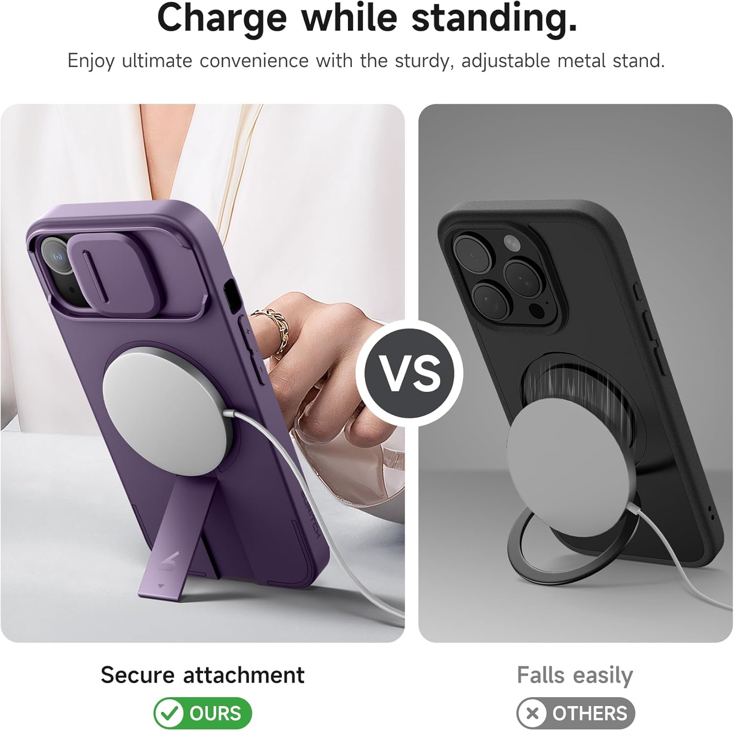 SURITCH for iPhone 15 Case with Magnetic Camera Slide Cover and Adjustable Kickstand, Compatible with MagSafe, Shockproof Bumper Case Slim Protective Cover 6.1 Inch, Dark Purple
