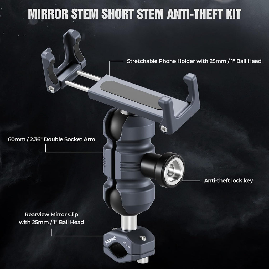 Anti-Theft Motorcycle Phone Mount, Aluminum Dual Socket Arm and U-Bolt Base for Bicycles/ATVs/Snowmobiles, Installed on 0.4-0.6" Mirror Bars (KPS-03)