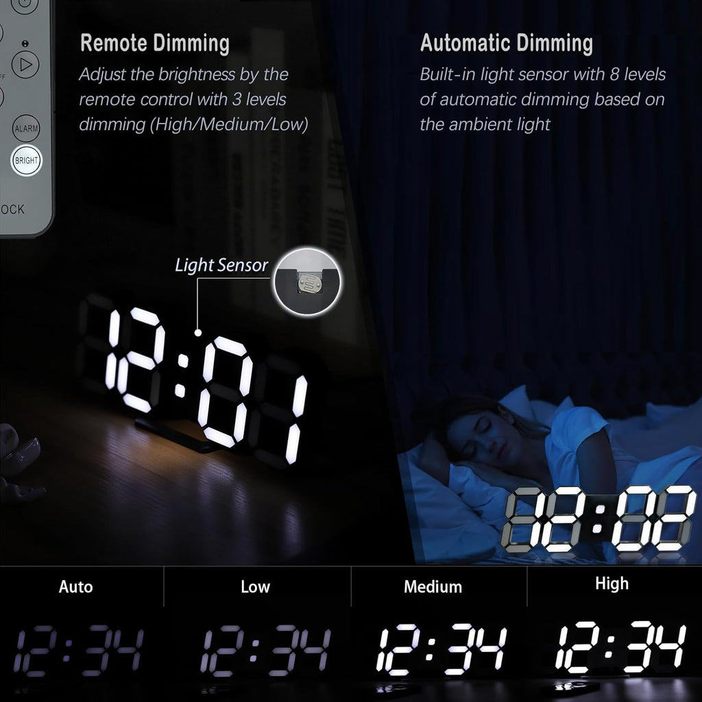KOSUMOSU Digital Clock 3D LED Wall Clock for Living Room Decor 9.7" Alarm Clocks Black Clock Wall Decor Digital Wall Clock,Remote Control/Dimmer/Date/Temperature