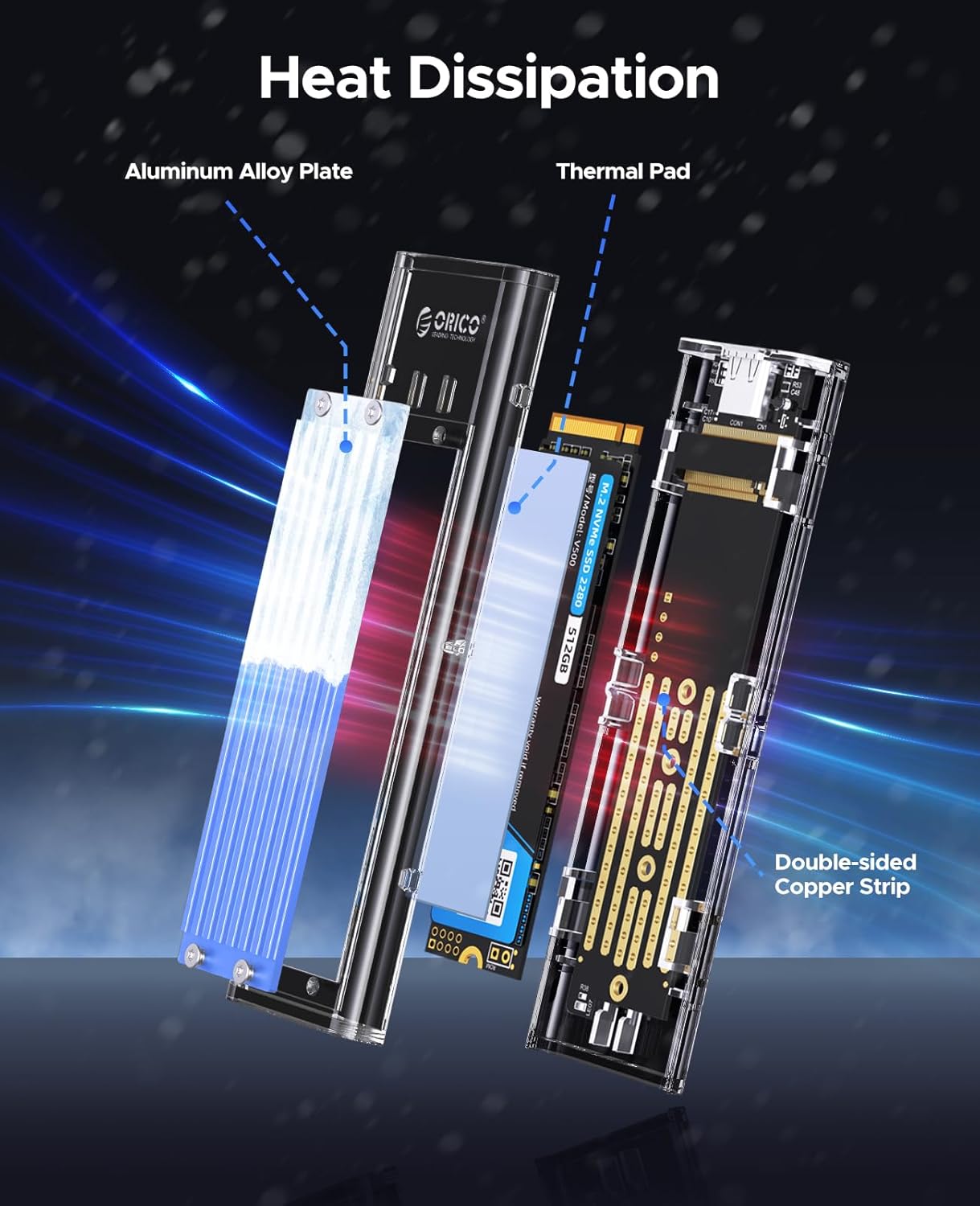 ORICO M.2 NVMe SSD Enclosure, USB 3.2 Gen 2 (10 Gbps), Transparent External Solid State Drive Adapter Enclosure for 2280 2260 2242 2230 PCI-E M2 M-Key SSD, USB Type C Converter Case-TCM2 Blue