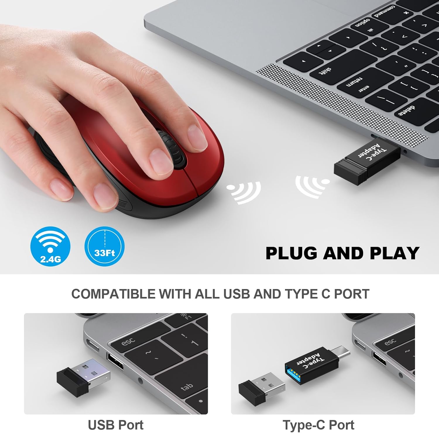 WisFox 2.4G Wireless Mouse for Laptop, Ergonomic Computer Mouse with USB Receiver and Type-C Adapter, 6 Button Cordless Mouse Wireless Mice for Windows Mac PC Notebook (Red)