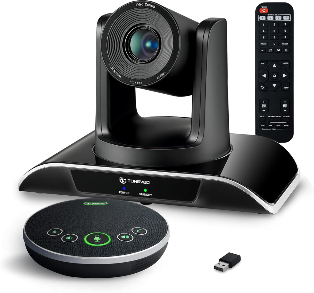 TONGVEO All-in-One Conference Room Video Camera System Bundle HD 1080P 60fps 3X Optical Zoom USB3.0 HDMI PTZ Camera and Bluetooth Conference Speakerphone with Microphones