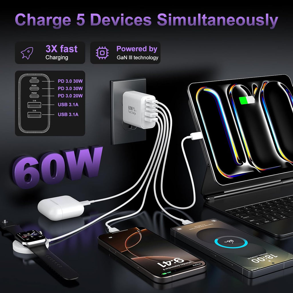 USB C Fast Wall Charger Block, 2Pack 60W USBC Charging Cubes, 5-Port PD+QC Power Adapter Multiport Brick Type C Box Plug for Phone 16/15/14/13/12/11/Pro Max/Plus, Pad Mini/Pro/S25/S24-White+Black