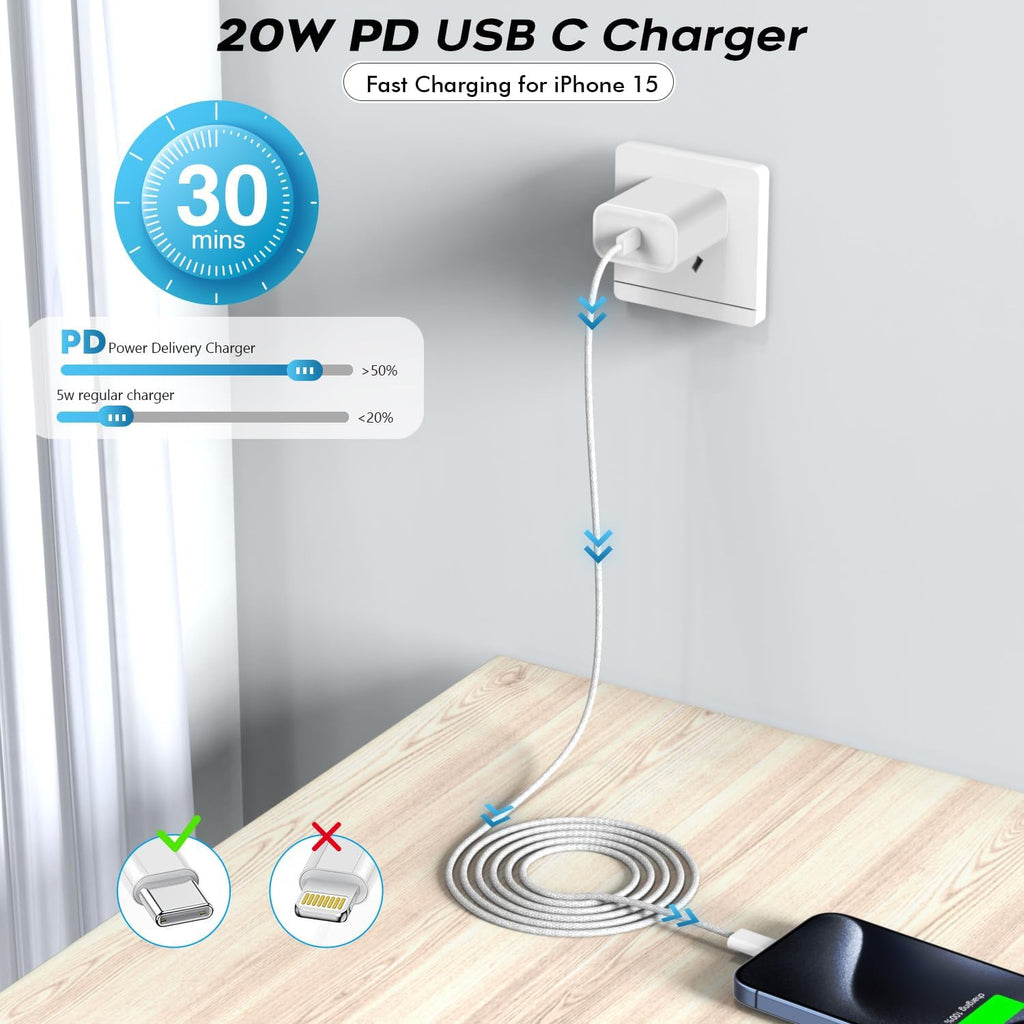 10FT iPhone 16e Charger Fast Charging,2Pack 20W USB C Apple 16e 15 Pro Charger Block & 10Foot Long USBC Woven Cable Cord for iPhone 16/16e/16 Pro Max/16 Pro/16 Plus/15/15 Pro Max/15 Plus/iPad Pro 12.9