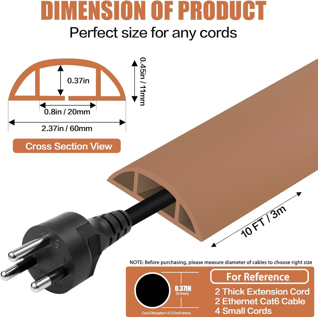 Floor Cord Cover Cavity 0.8"x0.37" Self Adhesive Cord Hider, 10FT Low Profile Cable Management, Extension Strip Protector for Wires, Prevent Cable Trips for Offices, Gyms, Exhibitions（Brown）