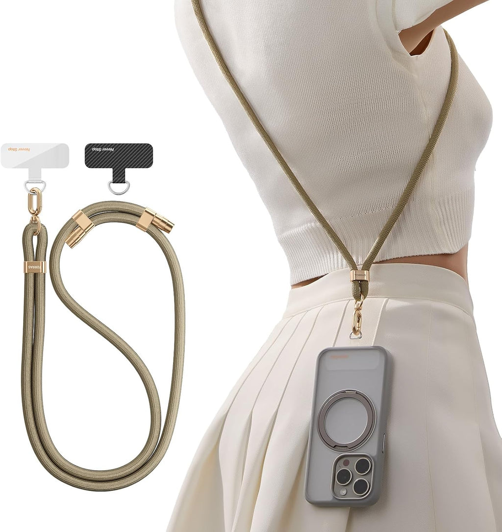 TORRAS Phone Lanyard Crossbody with 2 Phone Tabs, Adjustable Anti Theft Phone Strap for All Phones, Premium Metal Buckles, Skin-Friendly, Universal Cell Phone Neck lanyard for Women and Men, Khaki