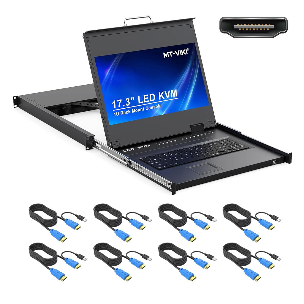 MT-VIKI® Rack Mount KVM HDMI with 17.3'' LCD Monitor, 1080P Support OSD/Hotkey, Included 8 KVM Cables+Keyboard + Touchpad, Fit 1U 19'' Rack