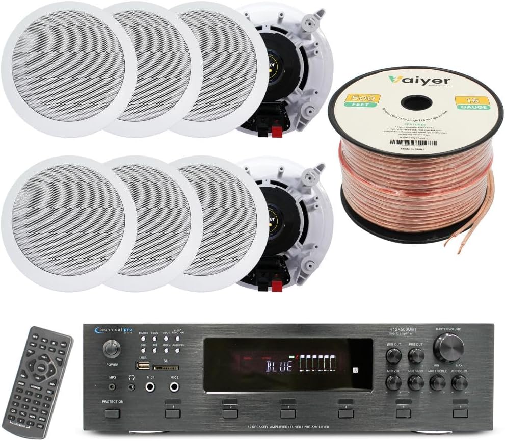 Vaiyer Home Theater System Kit, 6-Channel 6000 Watts Bluetooth Amplifier with 5.25" 8 Qty of 175 W Each in-Wall in-Ceiling Speakers & 16 AWG 500 ft. Speaker Wire Perfect for Home, Office, Restaurants