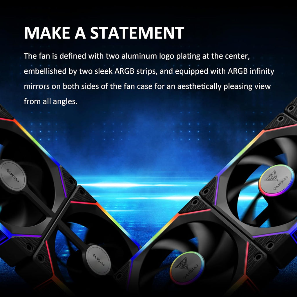 GAMDIAS Aeolus P2-1203U 120mm ARGB PWM Fan(3 Fan Pack w/USB Hub), Include Reverse Fan Blade x3, ARGB Sync Ready, Easy Installation & Cabless Daisy-Chain Design, Silent Operation, Up to 2400RPM, Black