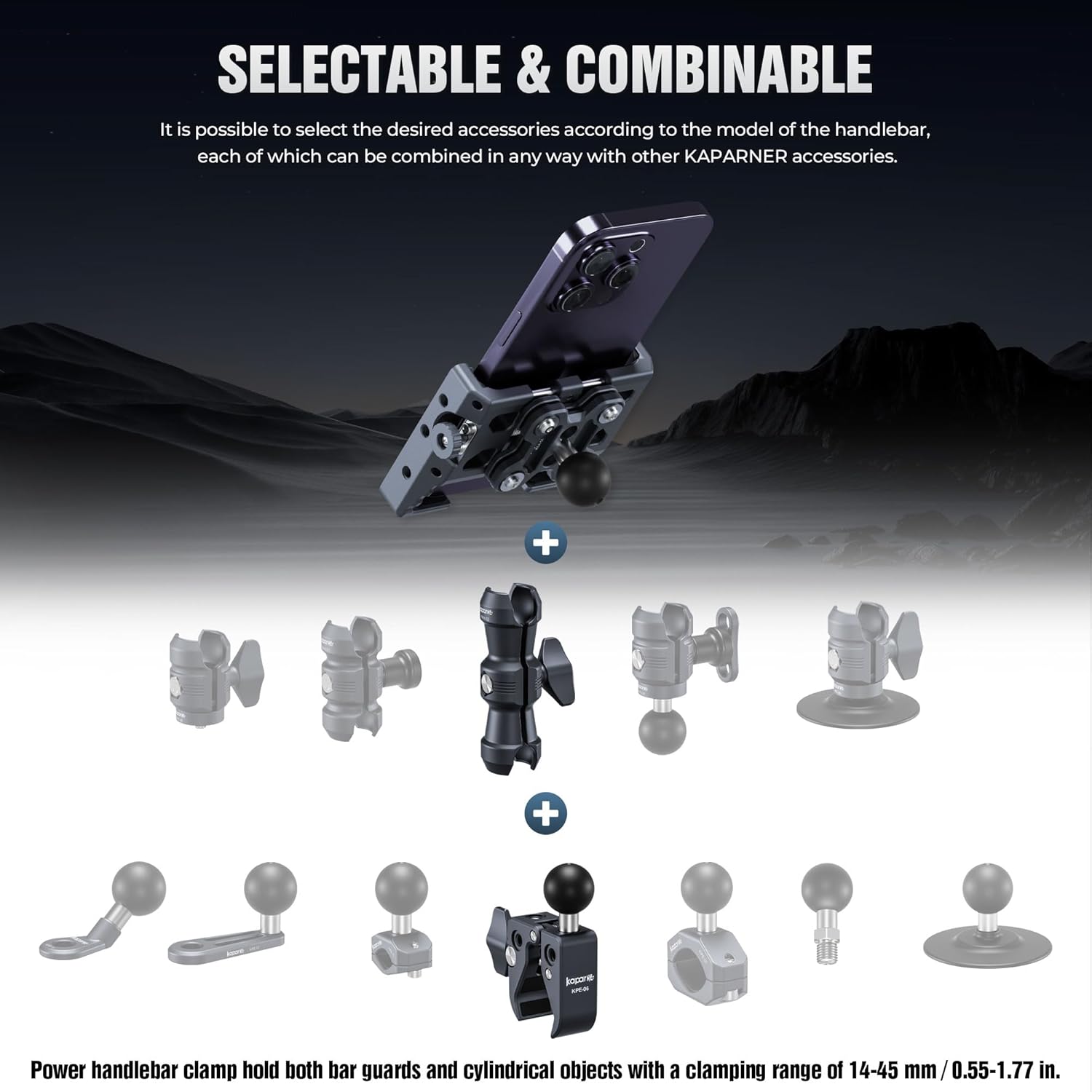 Riding Phone Holder Kit, Include Dual Socket Arm/Handlebar Strong Rod Clamp/Adjustable Phone Clip, Suitable for 5.5-7" Smartphone, Installed on 0.55-1.77" Diameter Rail Round Rod (KPS-14)