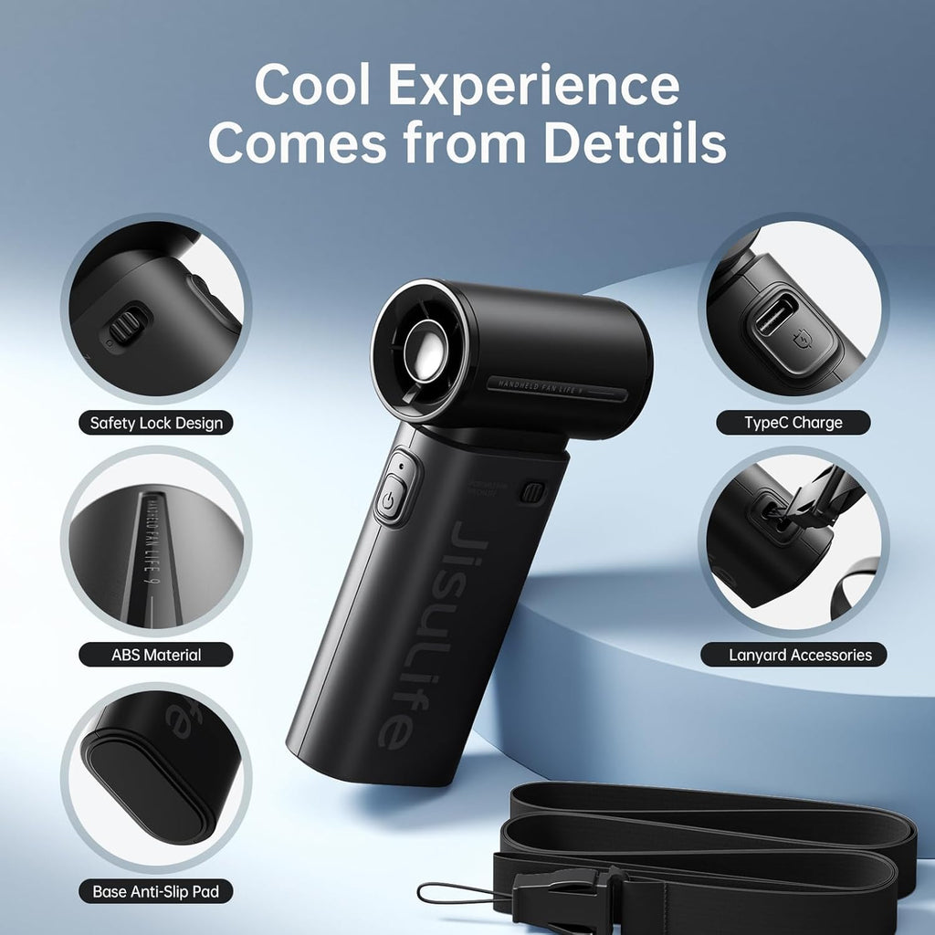 JISULIFE Portable Handheld Fan Life9, Turbo Power High Speed Air [12H Max Cooling Time], 5 Gear Wind, 3600mAh Rechargeable, Mini Pocket Design, Personal Fan for Travel Concerts Camping Makeup - Black