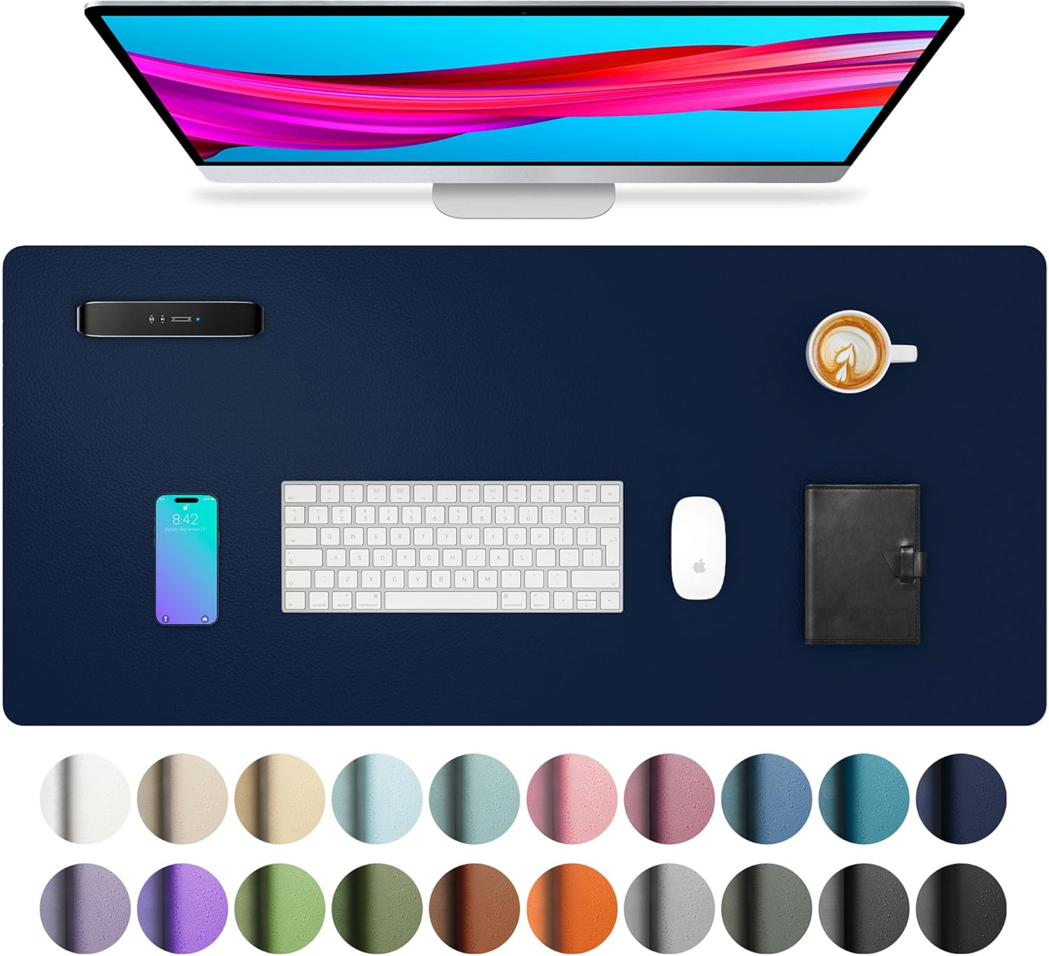 Aothia Leather Desk Pad Protector, Mouse Pad, Office Desk Mat, Non-Slip PU Leather Desk Blotter, Laptop Desk Pad, Waterproof Desk Writing Pad for Office and Home (Dark Blue,23.6" x 13.7")