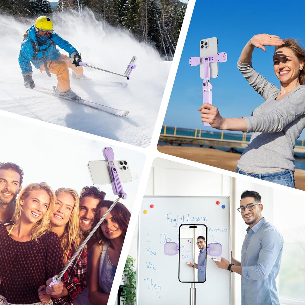 MQOUNY Mini iPhone Tripod Stand & Selfie Stick with Wireless Remote & Removable Light, Extendable Stand 360 Rotation Compatible with iPhone & Android Samsung (Purple)