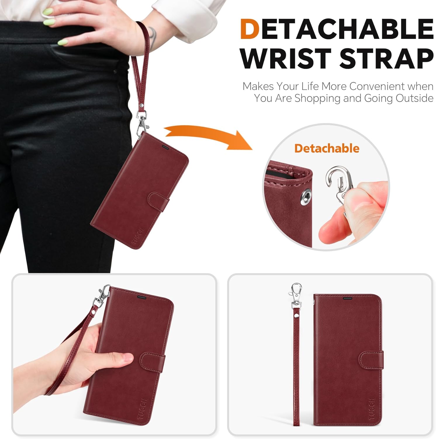 TUCCH Case for Galaxy S25, Detachable Wallet Case with Wrist Strap [Wireless Charging] RFID Blocking 4 Card Holder, Removable Stand PU Leather Flip Shockproof Phone Cover for Galaxy S25 6.2", Dark Red