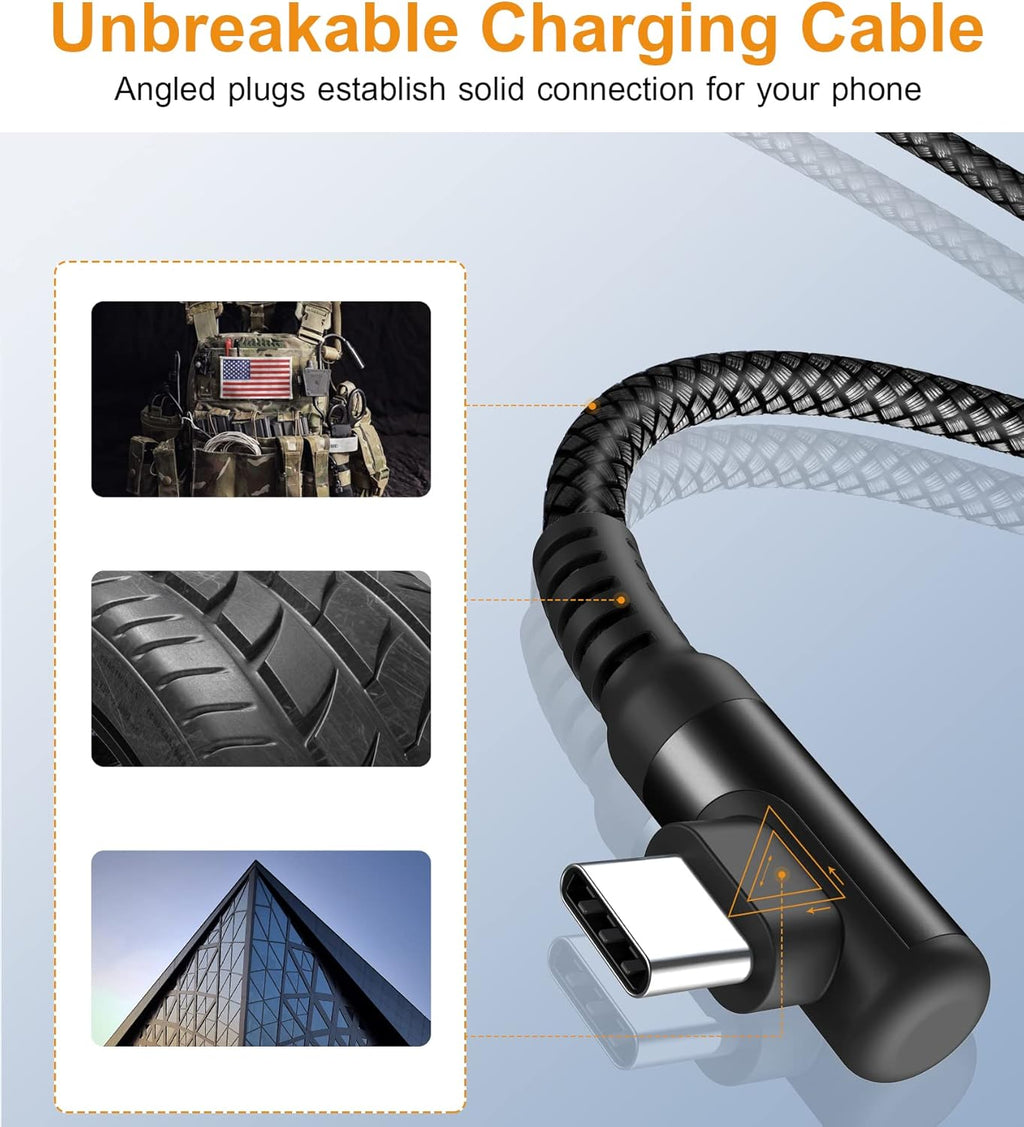 sweguard USB C Cable Right Angle [3Pack, 10FT+6.6FT+3.3FT], USB Type C iPhone 16 Charger Cable Nylon Braided Cord for iPhone 15 16 Pro Max Plus, Samsung Galaxy S25 S24 S23 S22 S21 S10 Note 20 10,Moto