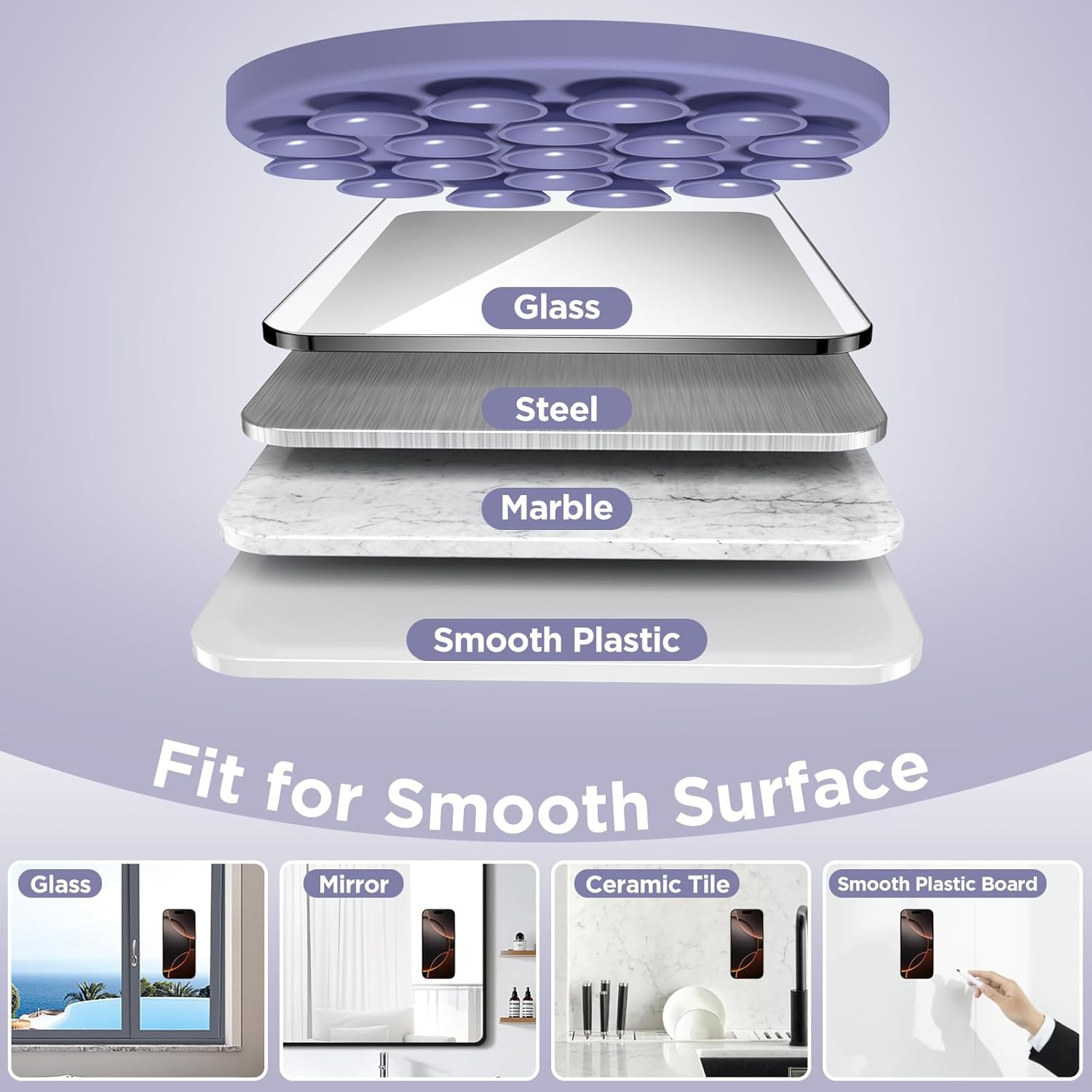 Magnetic Suction Cup Phone Mount for MagSafe Case, Silicone Hands-Free Grip Holder for iPhone and Android, Mirror Shower Phone Stand for Makeup FaceTime Gym Kitchen Bathroom, Lavender