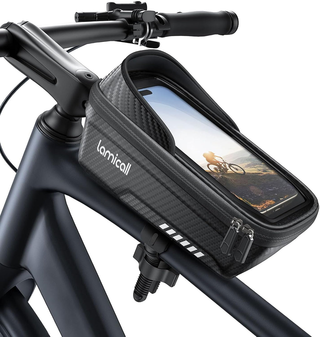 Lamicall Bike Frame Bag Waterproof - [1s Release] [2 in 1] Bike Phone Bag, Bike Phone Holder Mount, Bicycle Top Tube Bag, Cycling Pouch with Rain Cover, Bike Accessories for Phones Under 7"