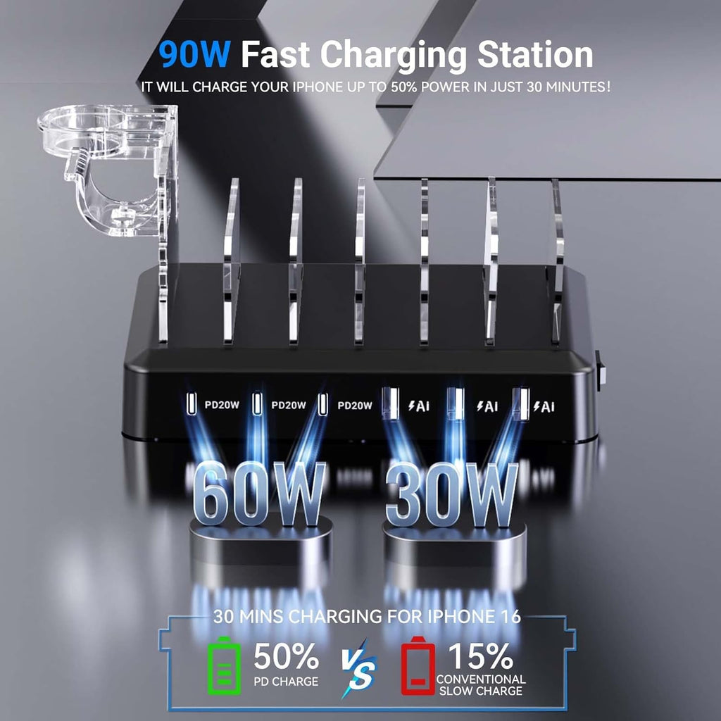 Catlyn Charging Station for Multiple Devices, 6-Port 90W Fast Charger Stations with 8 Mixed Charger Cables Organizer Dock,Compatible for Cell Phone
