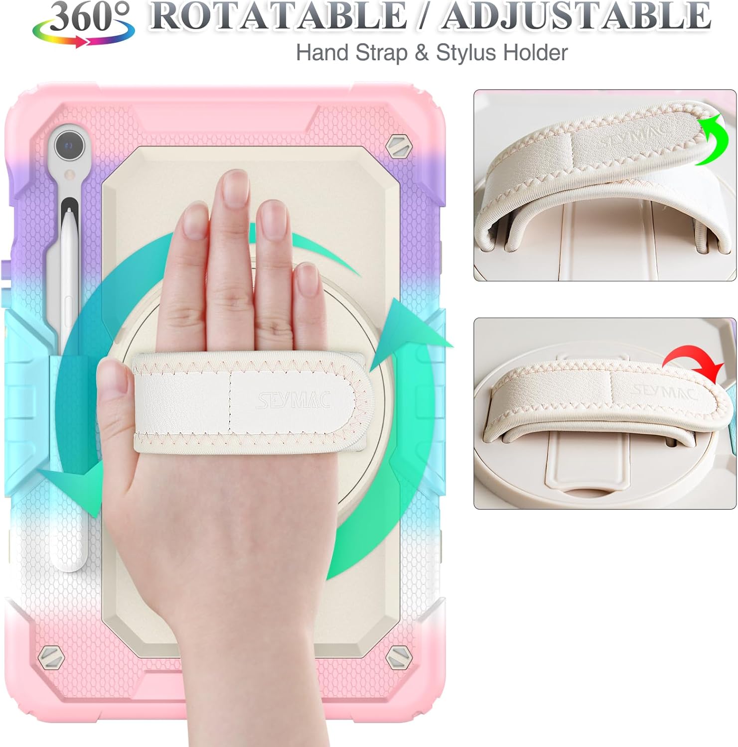 SEYMAC stock Case for Samsung Galaxy Tab S10 FE / S9 / S9 FE 5G Tablet Case Protective with Screen Protector, Pencil Holder, 360 Rotate Stand, Hand Strap, Shoulder Strap, Beige+Pink