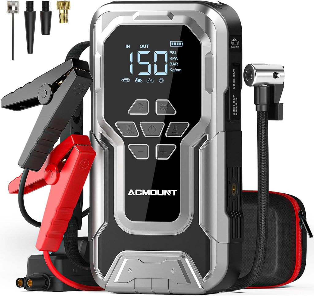 Jump Starter with Air Compressor, 6000A Car Battery Jump Starter (All Gas/10.0L Diesel), 150PSI Tire Inflator, 12V Jumper Pack with LCD Display & LED Light, Portable Air Pump, 21800mAh Battery