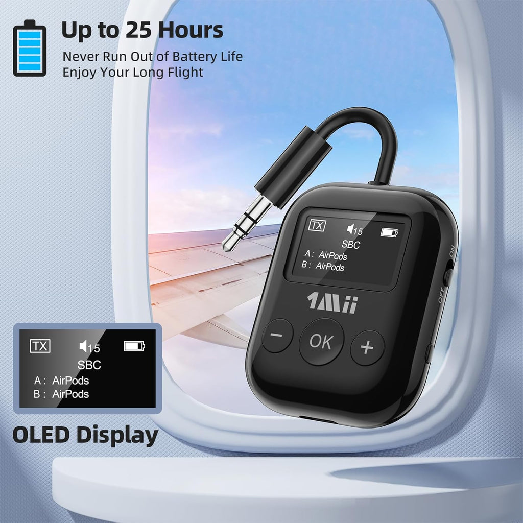 Airplane Bluetooth 5.3 Transmitter for All Headphones - Bluetooth Adapter for TV - Dual Connection - aptX Low Latency - Flying Travel,Long Flight Essentials - Wireless Audio Aux for MP3,Game,PC-Black