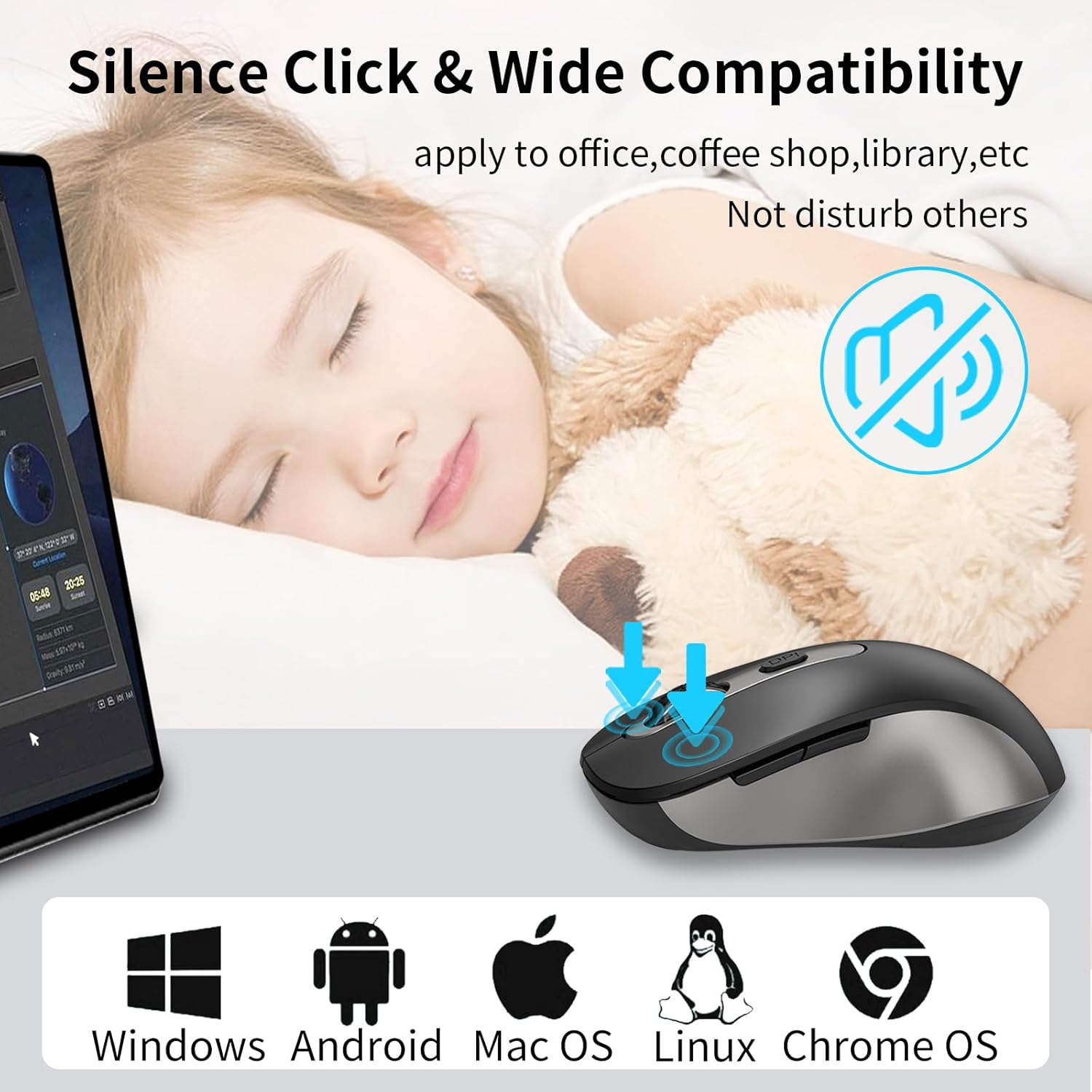 Wireless Mouse for Laptop, PC, Chromebook, Mac, MacBook, Silent Wireless Mouse with USB Nano Receiver, Side Button, 2400 DPI, Anti Slip Roller, 6 Button Ergonomics Cordless Computer Mice - Black Gray